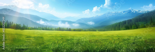 Verdant valley with lush green grass, majestic mountains, and clear blue sky on a sunny day. banner, nature background 