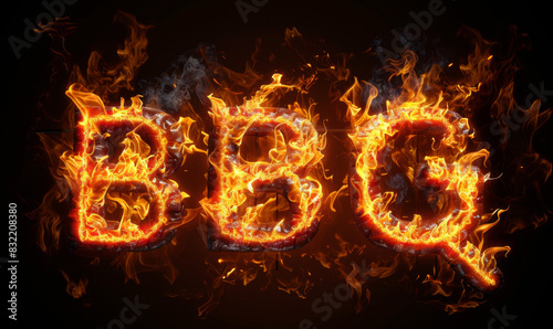 The word "BBQ" in fire letters isolated on black background, fire glowing effect, 3d text effect, glowing effect, high resolution, high quality, png.