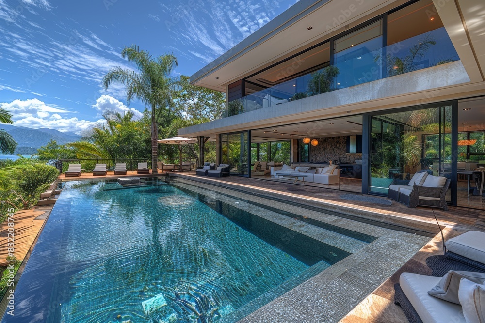 Luxurious modern home with private pool, outdoor seating, and palm trees creating a serene and upscale residential retreat