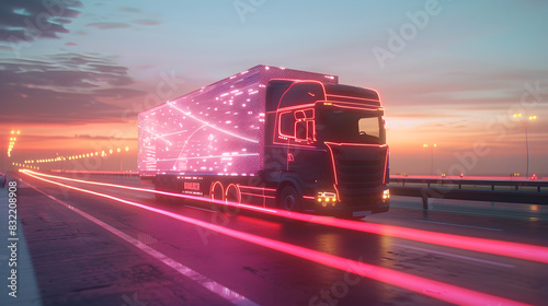 Red glowing truck on the highway at dusk, showcasing futuristic transport and light design