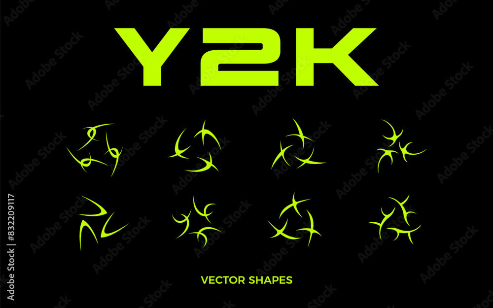 Set of acid neo tribal elements. Neo tribal design elements collection. Gothic style shapes pack. Y2K shapes for streetwear, album covers, tattoo, techno rave party, etc. Vector Y2K signs.