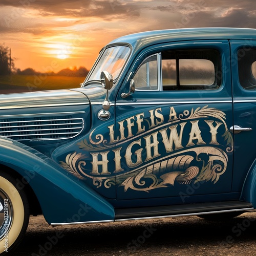 Antique classic car with vintage phrase