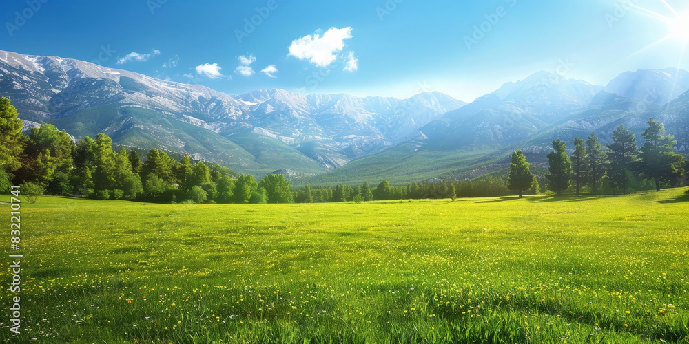 Verdant valley with lush green grass, majestic mountains, and clear blue sky on a sunny day. banner, nature background
Verdant valley with lush green grass, majestic mountains, and clear blue sky on a sunny day. banner, nature background