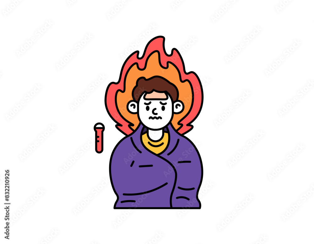 Illustration of a man wearing a blanket because of fever. The body temperature is very high. high fever. a man who is sick. health problems. Design character illustrations with outline style. graphic Illustration of a man wearing a blanket because of fever. The body temperature is very high. high fever. a man who is sick. health problems. Design character illustrations with outline style. graphic