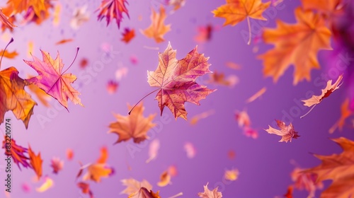 autumn leaves are flying on a purple background 