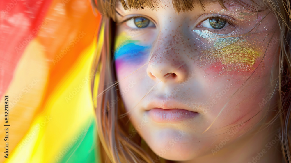 Close-up of a little girl with a rainbow flag painted on her cheeks. Portrait of a child from an LGBTQ family . Pride Day, LGBT family, concepts of rights