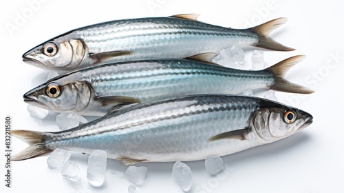 Fresh sprat fish meticulously placed on ice bed against a plain white background