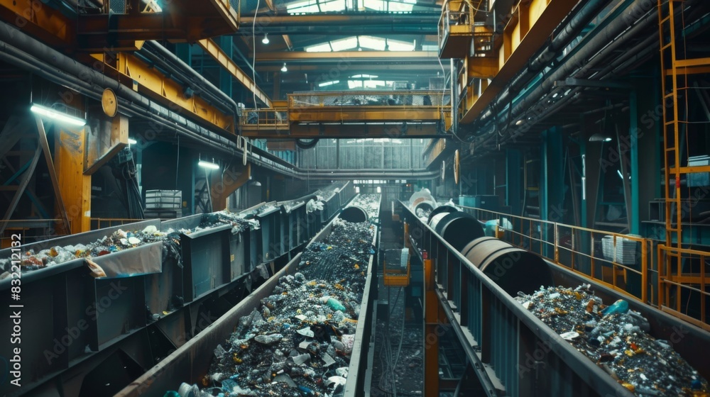 An American recycling plant using advanced technology to sort and process materials, in a vibrant, eco-friendly style. --ar 16:9 --style raw Job ID: bd0bf215-0895-40db-8884-7b2dcd5b8921
