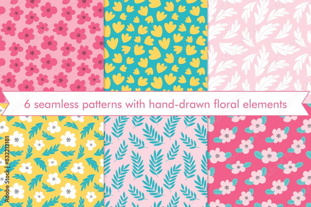 Summer floral patterns. Seamless patterns with hand drawn botanical elements. Collection of bright seasonal vector backgrounds Summer floral patterns. Seamless patterns with hand drawn botanical elements. Collection of bright seasonal vector backgrounds