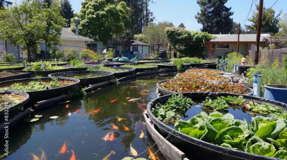 Fototapeta premium An aquaponics setup integrating fish tanks with vegetable beds, showcasing symbiotic relationships in sustainable agriculture. --ar 16:9 --style raw Job ID: cea533a7-e06c-4385-a509-5f8a52d8b0c1