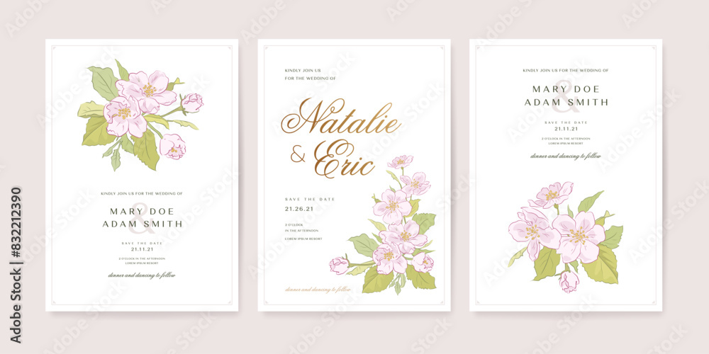 Beautiful wedding invitation card template design witn hand drawn floral decoration. Save the date card set. Vector illustration