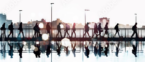 Silhouetted people walk along a bridge with cityscape and reflections in water, capturing urban life and movement.
