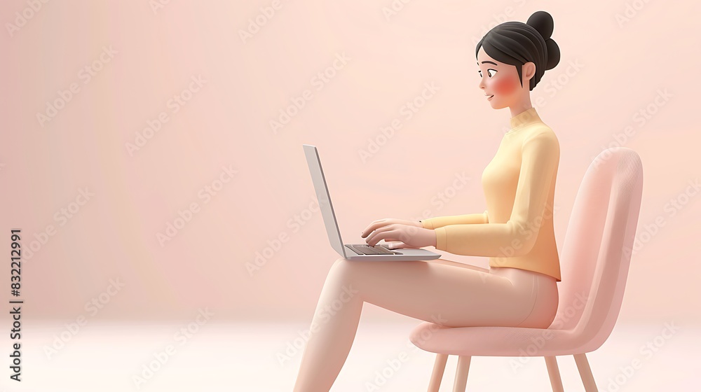 3D woman character typing on a laptop, with a plain light pink background and a clean, modern chair 3D woman character typing on a laptop, with a plain light pink background and a clean, modern chair
