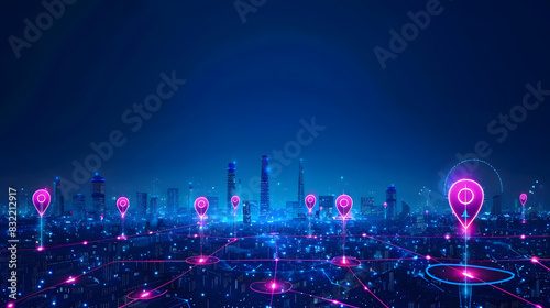 A night view of a smart city skyline with bright pink and blue location markers and network lines