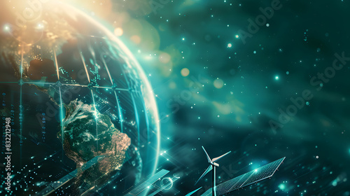 Digital artwork depicting Earth with energy-related icons, signifying the intersection of technology and sustainability © Janina