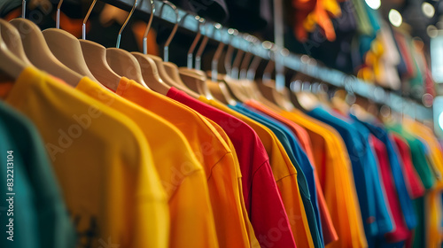 A row of colorful shirts on wooden hangers against a blurred background in a fashion retail setting