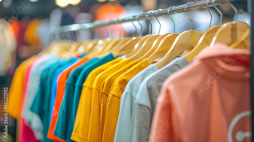 A selection of pastel-colored clothes neatly arranged on hangers in a bright retail environment photo