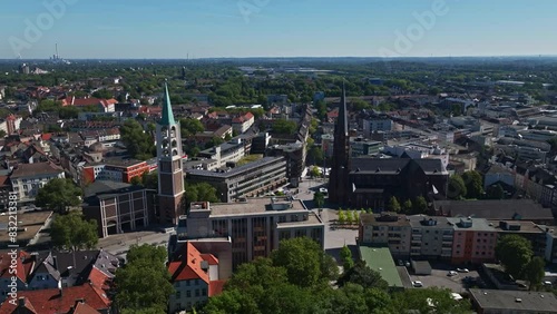 Aerial drone view of Gelsenkirchen Old Town (Gelsenkirchen Altstadt), Germany. This area is characterized by its historic architecture, traditional buildings  .