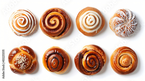 Different delicious rolls isolated on white top view.