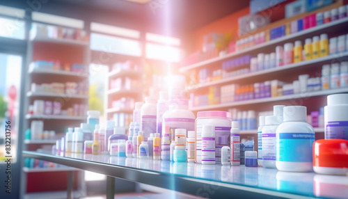 The blurred abstract background of the pharmacy. © Nadtochiy