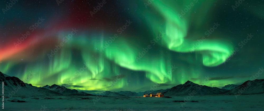 Aurora Borealis Dancing Over a Snowy Landscape with Small Cabin Background
