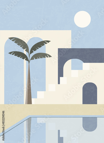 Minimalist cityscape, Moroccan style simple architecture view. Simple staircases, arches, resort place.