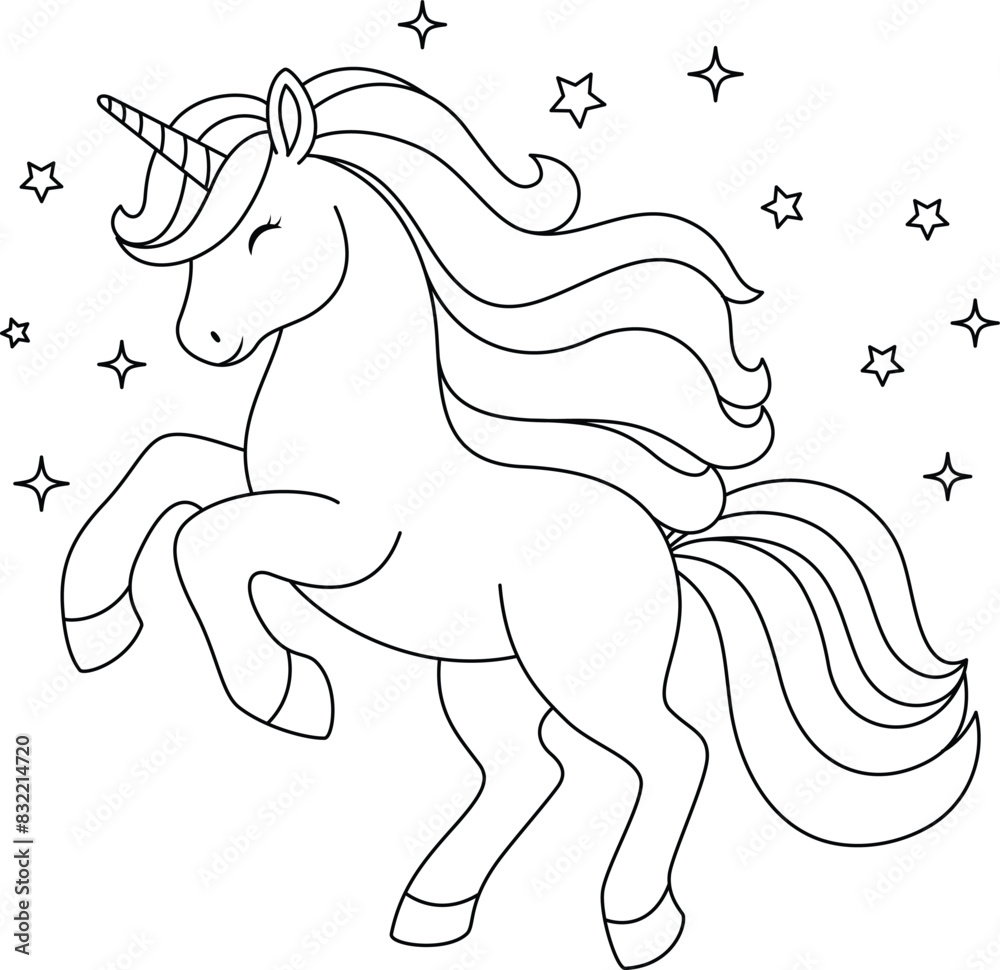 Cute kawaii unicorn is dancing coloring page for kids. Animal outline doodle colouring page isolated on white background. Wild animal coloring book for kids