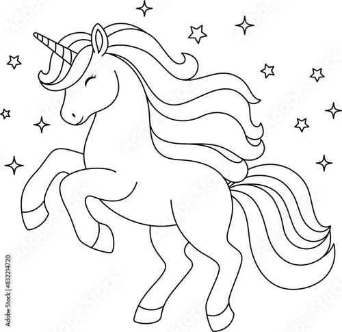Obraz na płótnie Cute kawaii unicorn is dancing coloring page for kids. Animal outline doodle colouring page isolated on white background. Wild animal coloring book for kids w salonie