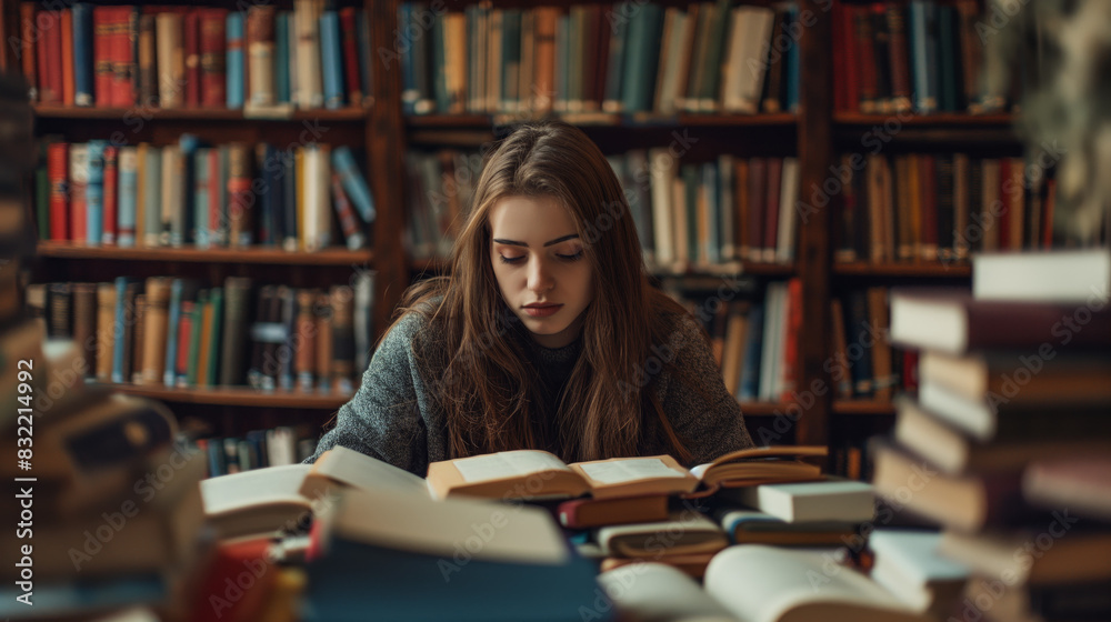 In a comfortable library environment, a young woman studies diligently amidst piles of open books In a comfortable library environment, a young woman studies diligently amidst piles of open books