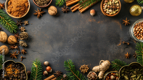 Different spices nuts and fir branches on table flat lay
