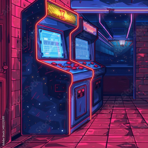 A retro arcade with neon lights and pixelated graphics. photo