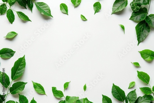 Green leaves flat lay on white background with copy space for text  top view natural beauty and wellness concept