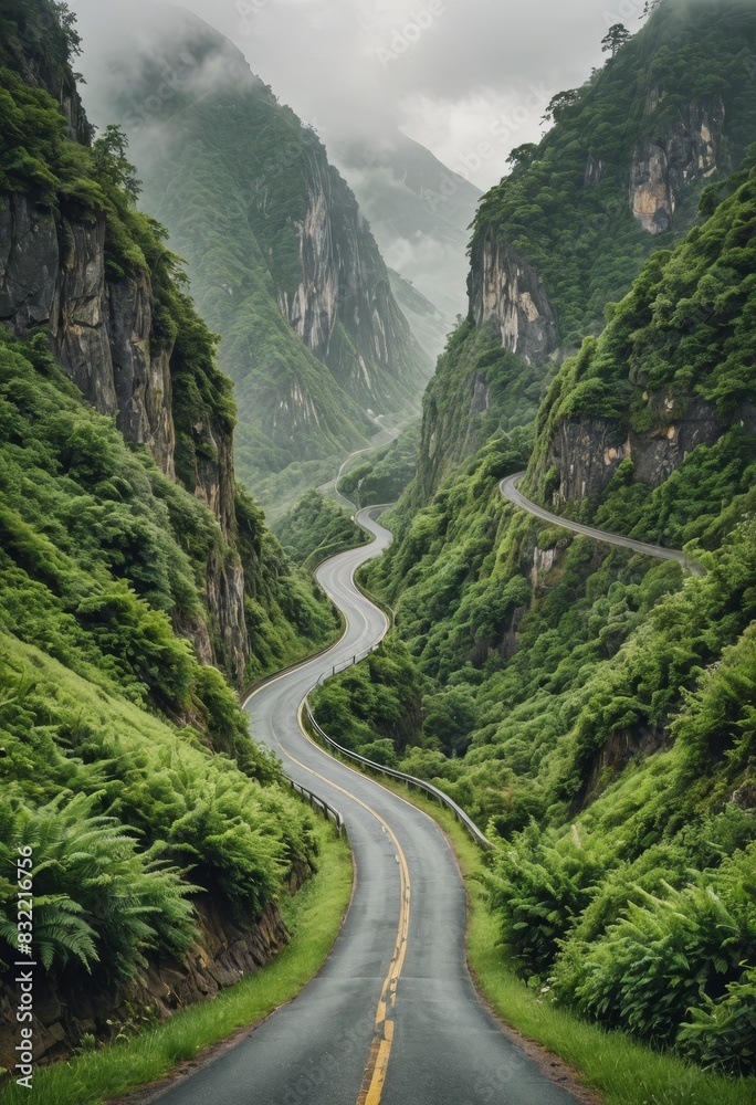 Winding Road Through Misty Mountain Pass Winding Road Through Misty Mountain Pass
