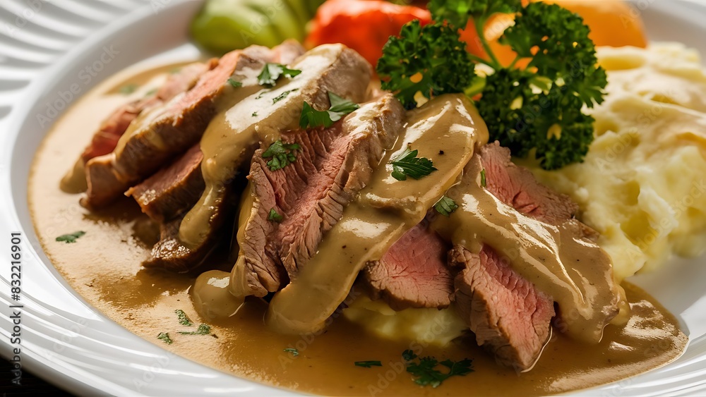 A mouthwatering photo of a steaming bowl of Beef Stroganoff A mouthwatering photo of a steaming bowl of Beef Stroganoff