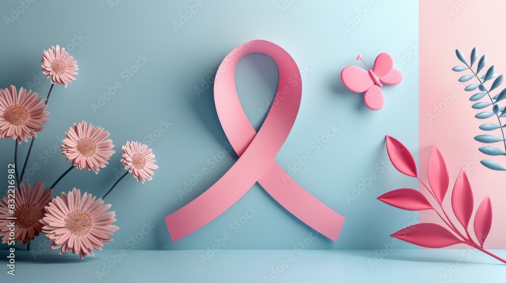 Pink Ribbon Awareness Symbol with Delicate Floral Details on a Pastel ...