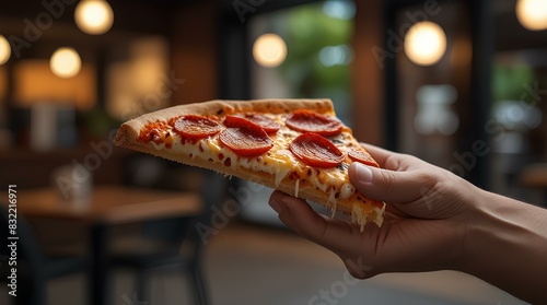 Closeup man hand holding slice of pepperoni pizza on blurred cafe background.