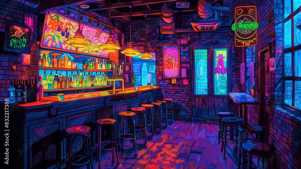 Retro neon bar interior with colorful lights