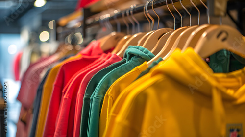 A selection of colorful hoodies displayed on wooden hangers in a fashion retail environment