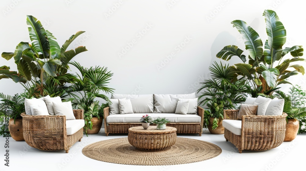 Fototapeta premium Chic outdoor patio with rattan furniture and potted plants, isolated white background, high detail, natural sophistication