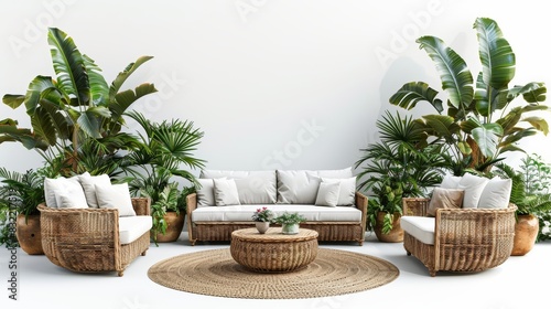 Chic outdoor patio with rattan furniture and potted plants, isolated white background, high detail, natural sophistication