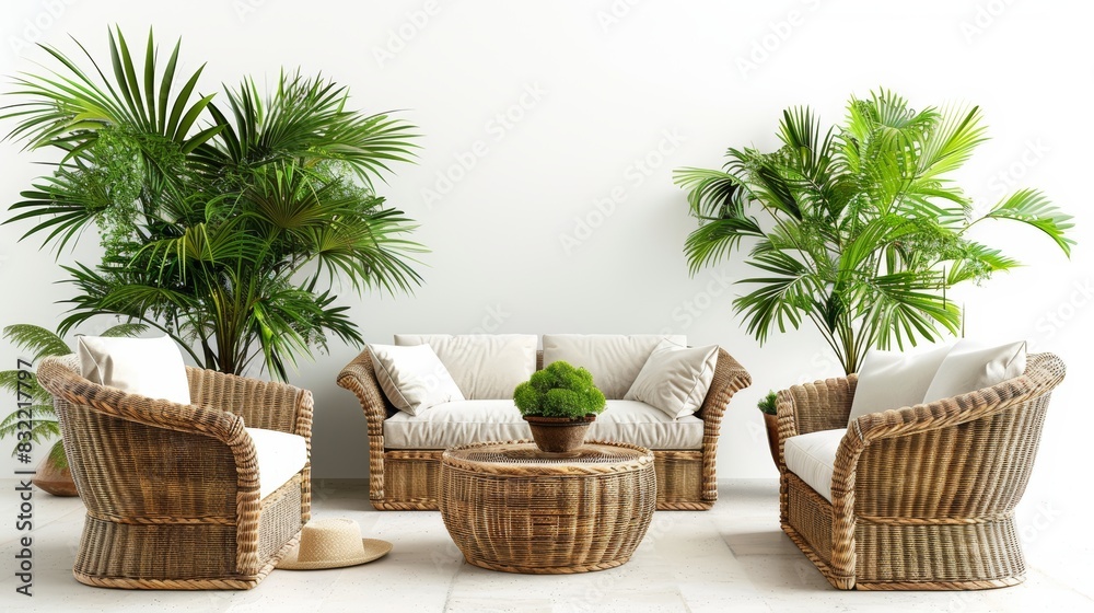 Chic outdoor patio with rattan furniture and potted plants, isolated white background, high detail, natural sophistication