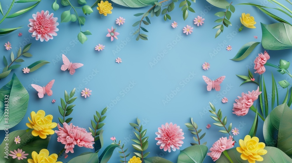 Delicate Paper Flowers and Butterflies Frame a Blue Background, Perfect for Spring and Summer Designs, Greeting Cards, Invitations, and More Delicate Paper Flowers and Butterflies Frame a Blue Background, Perfect for Spring and Summer Designs, Greeting Cards, Invitations, and More