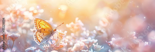 Delicate butterfly resting on pink flowers bathed in soft, warm light, creating a dreamy and serene atmosphere in a pastel-colored meadow 