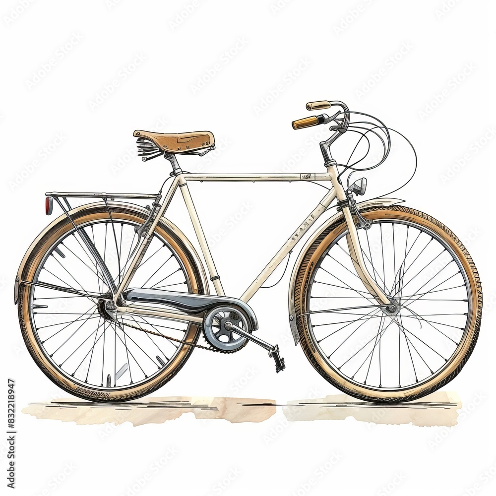 The image is a watercolor painting of a vintage bicycle The image is a watercolor painting of a vintage bicycle