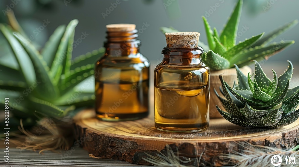 Aloe vera essential oil bottles arranged on wooden table surface for natural skincare display Aloe vera essential oil bottles arranged on wooden table surface for natural skincare display