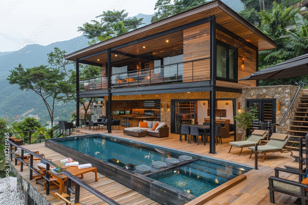 Fototapeta premium Luxurious villa with private pool, scenic mountain view, and elegant design creating a tranquil and upscale retreat
