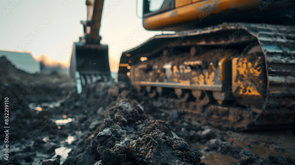 A close-up shot captures the powerful movement of a tracked excavator on a construction site A close-up shot captures the powerful movement of a tracked excavator on a construction site