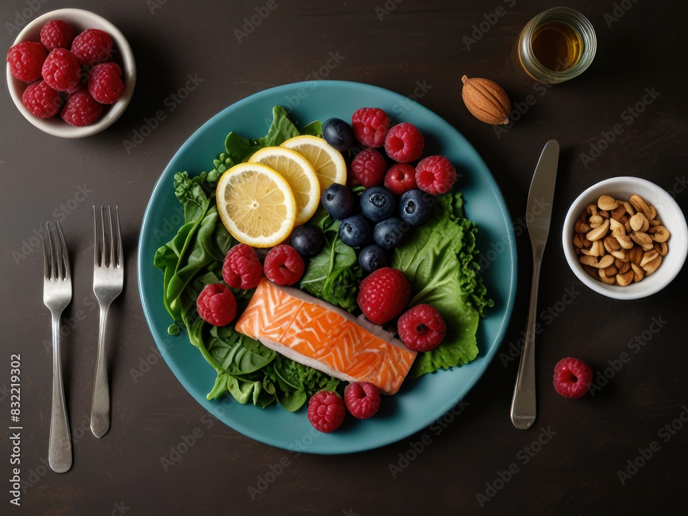 A plate filled with kidney-friendly foods, such as leafy greens, berries, fish, and nuts, highlighting the role of nutrition in maintaining kidney health. with Generative AI Technology A plate filled with kidney-friendly foods, such as leafy greens, berries, fish, and nuts, highlighting the role of nutrition in maintaining kidney health. with Generative AI Technology