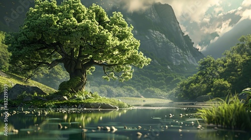 Serene landscape with a majestic tree by a tranquil river  surrounded by lush greenery and towering mountains under a cloudy sky.