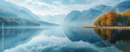 Calm lake with reflection of mountains and trees, isolated white background, high detail, peaceful scenery